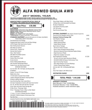 Alfa Romeo Giulia cena 36500 przebieg: 144154, rok produkcji 2017 z Pułtusk małe 211